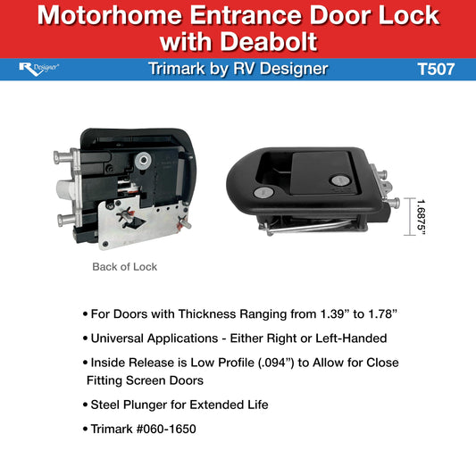 RV DESIGNER T507 RV Designer T507 TriMark Motorhome Entrance Door Lock with Deadbolt - Fit for 1.38-1.58” RV Motorhome Doors - Right/Left-Hand Use - FMVSS 206 Compliant