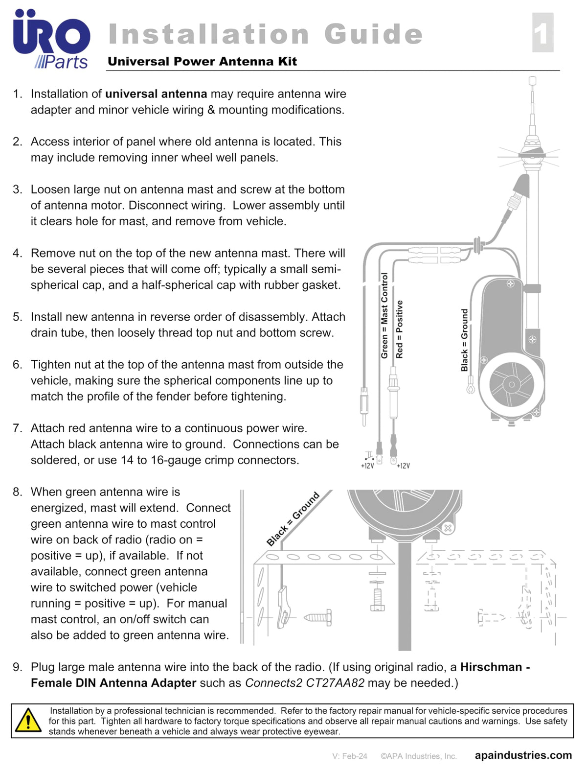 URO PARTS AUTA2050 URO Parts AUTA2050 Power Antenna Kit, Universal Power Antenna with Chrome Mast; includes mounting hardware and electrical connectors; Can be installed on vehicles with 0-30 degree body slopes
