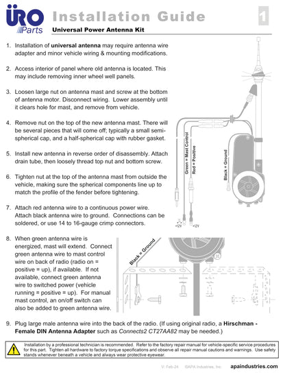 URO PARTS AUTA2050 URO Parts AUTA2050 Power Antenna Kit, Universal Power Antenna with Chrome Mast; includes mounting hardware and electrical connectors; Can be installed on vehicles with 0-30 degree body slopes