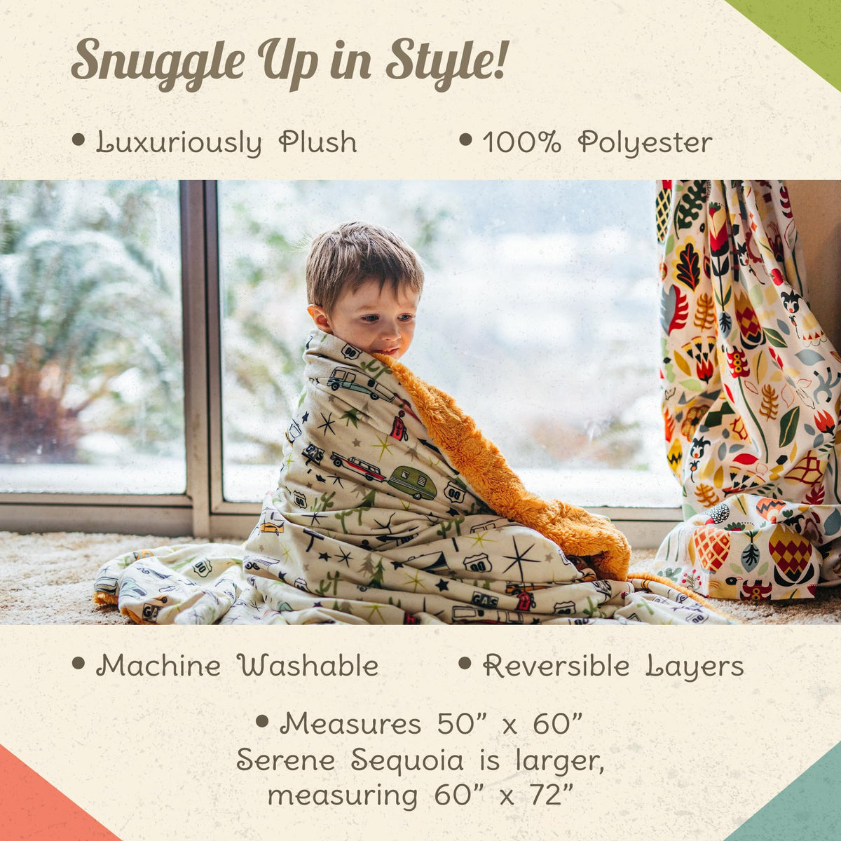 CAMP CASUAL CC-005RTG Throw Blanket for Camping - Plush Reversible Camping Blanket for Indoor & Outdoor Settings - Machine Washable Soft Blanket - 100% Polyester Cozy Blanket with Retro-Inspired Patterns, Camp Casual