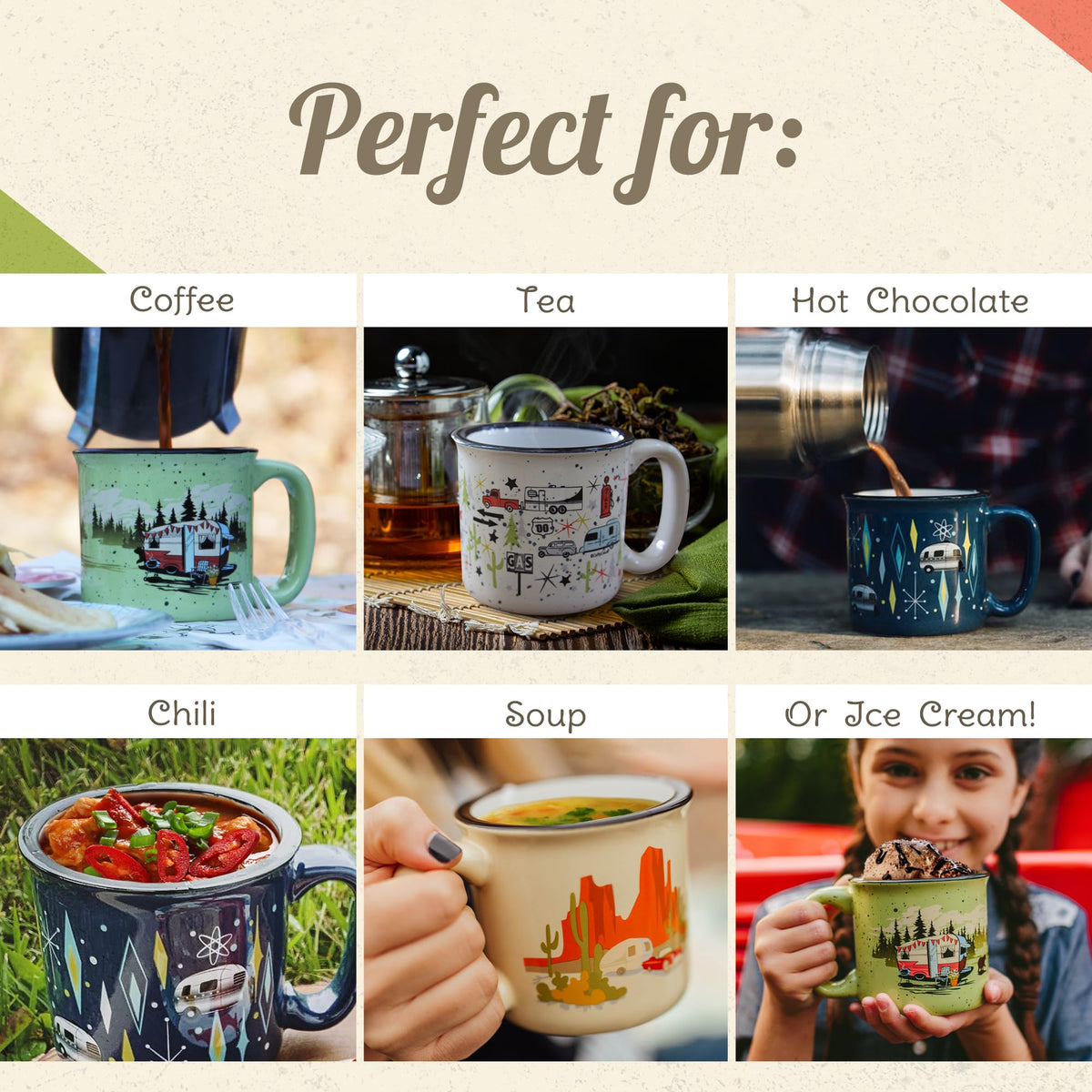 CAMP CASUAL CC-004B Ceramic Coffee Mug - 15 oz Retro Inspired Camping Mug - for Hot & Cold Drinks - Works as a Tea, Soup, & Coffee Mug - Stylish, Versatile, & Microwaveable Camping Coffee Mugs by Camp Casual