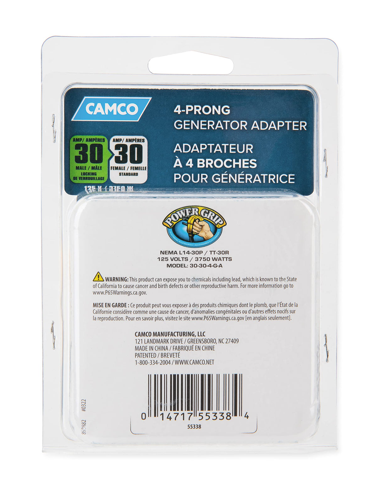 CAMCO 55338 Camco PowerGrip 30 Amp 4-Prong Generator Adapter - Featuring a 30-amp Locking Male Plug (NEMA L14-30P) and a 30-amp Female Connector (NEMA TT-30R) - 55338