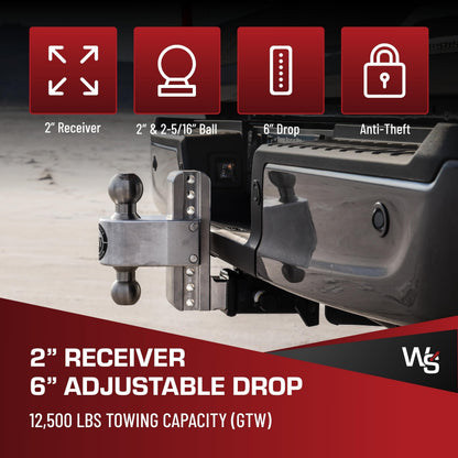 WEIGH SAFE LTB6-2 Weigh Safe Adjustable Trailer Hitch Ball Mount - 6" Adjustable Drop Hitch for 2" Receiver - Premium Heavy Duty Aluminum Trailer Tow Hitch w/ Stainless Steel Tow Balls (2" & 2 5/16") - 12,500 lbs GTW