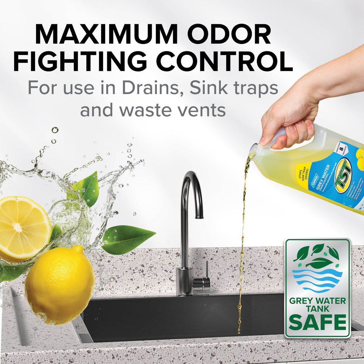 CAMCO 40252 Camco TST Camper/RV Grey Water Odor Control - Features Septic Safe Biodegradable Formula - Removes Grease Build-Up in Black Water Tank, Sink & Shower Drains - Fresh Lemon Scent, 32-oz Bottle (40252)