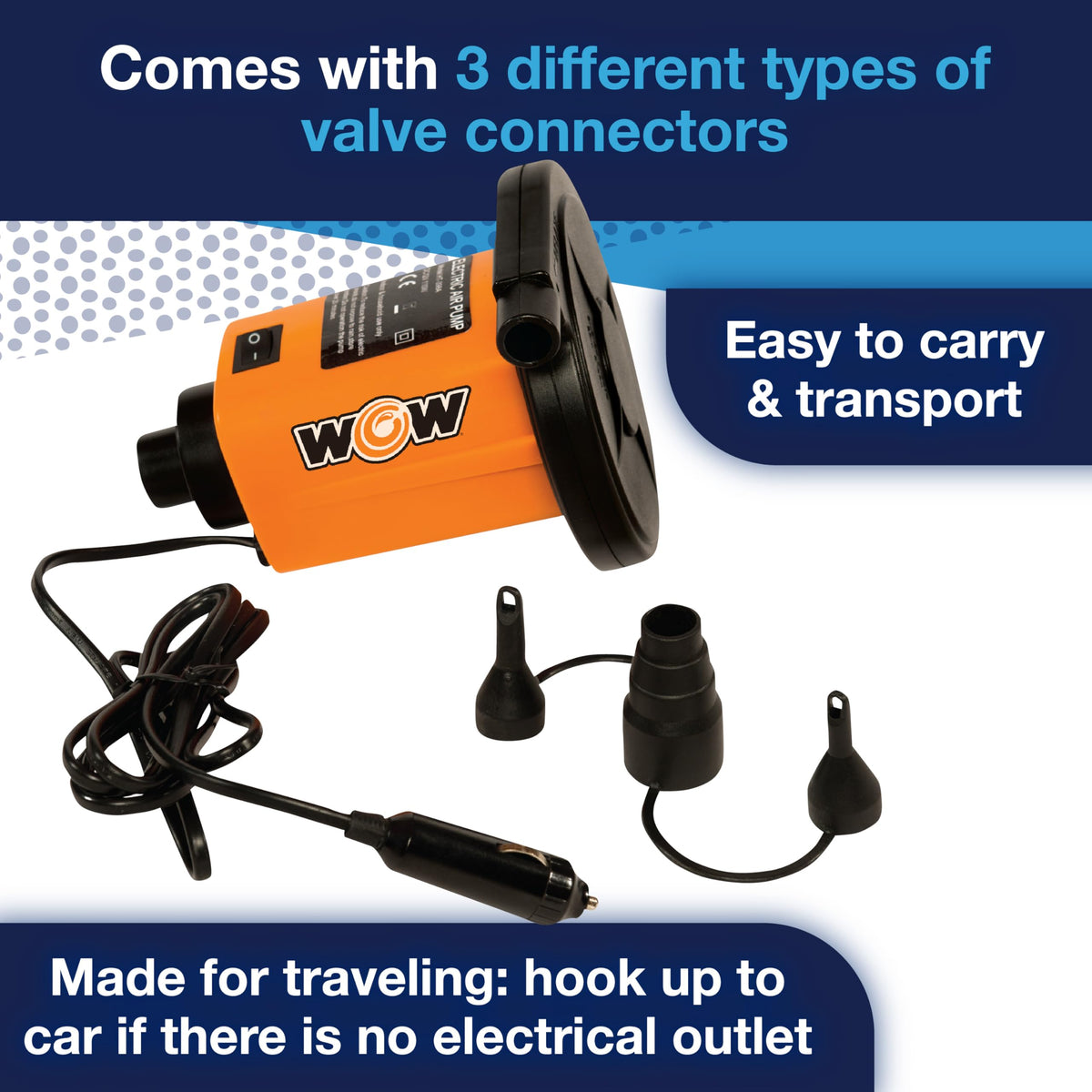 WOW SPORTS 13-4020 WOW Sports Electric Air Inflator, Air Pumps for Inflatables, Towables and Others, Comes with DC Power Adapter and Cord, 1.0 PSI