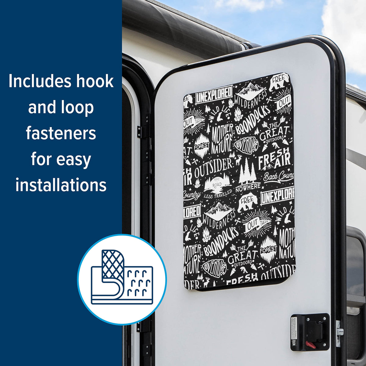 CAMCO 53052 Camco Life is Better at The Campsite RV Door Window Light Blocking Shade -Measures 25 1/4-in x 16 1/4-in - Helps Keep Interior Temperatures Cooler & Provides Added Privacy - Graffiti Design (53052)