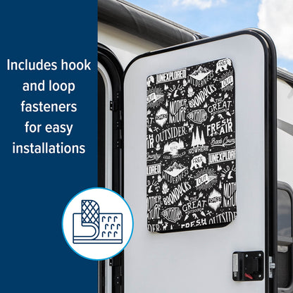 CAMCO 53052 Camco Life is Better at The Campsite RV Door Window Light Blocking Shade -Measures 25 1/4-in x 16 1/4-in - Helps Keep Interior Temperatures Cooler & Provides Added Privacy - Graffiti Design (53052)