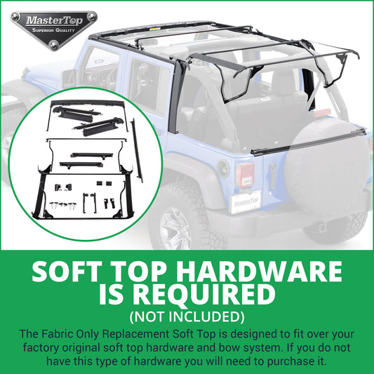 MASTERTOP 15201924 MasterTop Premium Replacement Fabric Only Soft Top - Fits Jeep Wrangler JK 4-Door 2010-2018 - Zip Up Removable Windows - DOT Approved 31% Window Tint - Upgraded Cable Style Design, Black MasterTwill