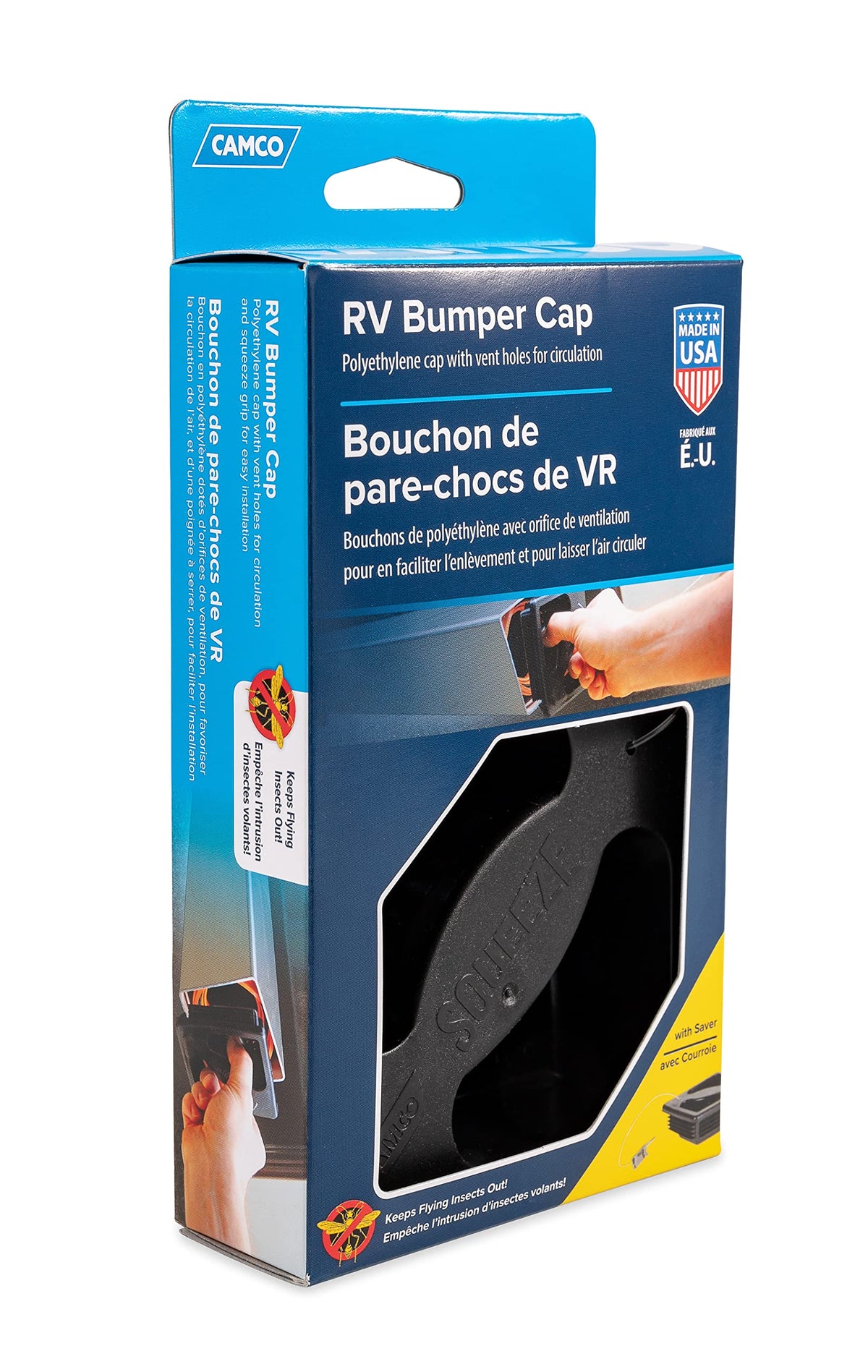 CAMCO 40324 Camco No Insect Bumper Cap with Saver – Features Small Holes to Increase Airflow and Block Insects – Easy Installation and Removal – Fits Standard RV 4-inch Square Bumpers – Black (40324)