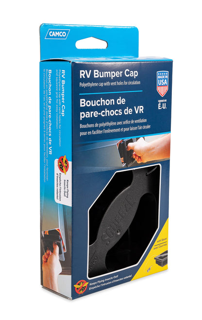 CAMCO 40324 Camco No Insect Bumper Cap with Saver – Features Small Holes to Increase Airflow and Block Insects – Easy Installation and Removal – Fits Standard RV 4-inch Square Bumpers – Black (40324)