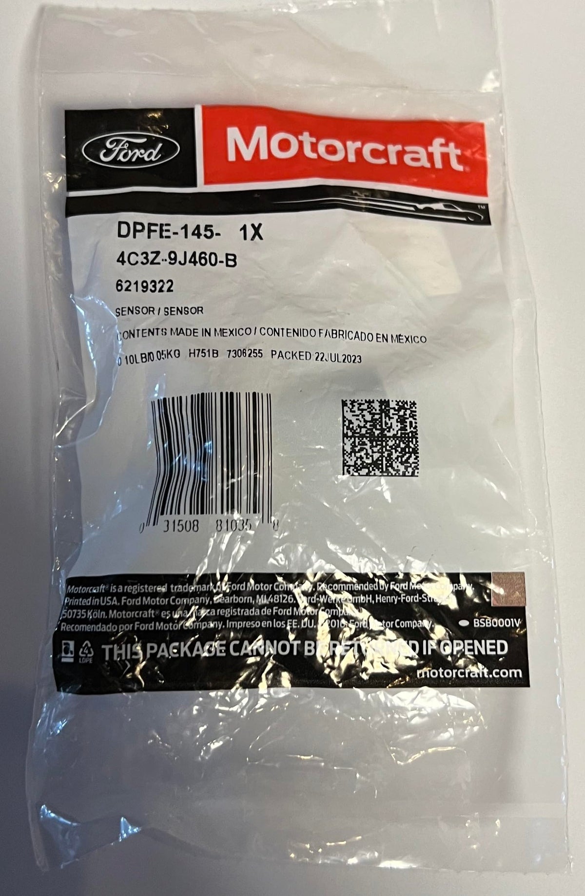 Motorcraft DPFE145 Gas Recirculation Pressure Feedback Sensor