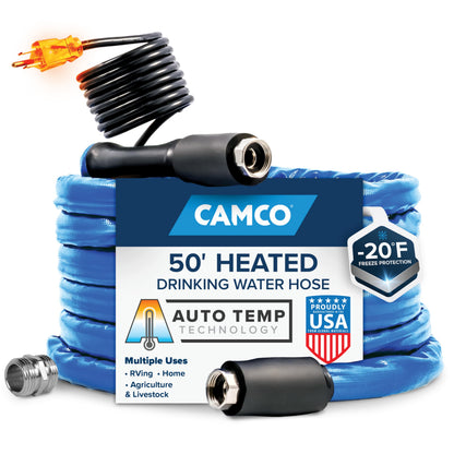 CAMCO 22912 Camco 50-foot Heated Water Hose for RV — Prevents Freezing Down to -20° — Certified For Drinking Water & Lead-Free — Great for Campers, Livestock, Agriculture, Kennels, etc. — 5/8" ID (22912)