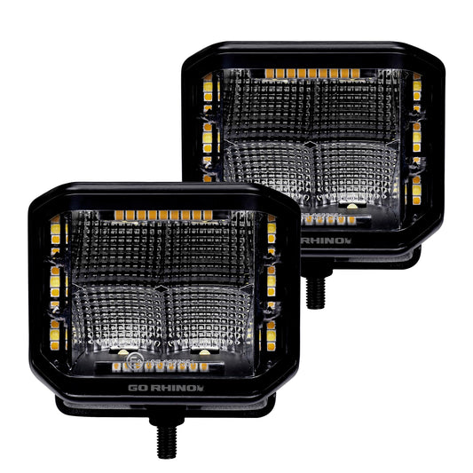 GO RHINO 750700322FCS Go Rhino Xplor Lighting: Blackout Combo Series 4x3 LED Cube Sideline Flood Lights (Pair) | Surface Mount (Threaded Stud Mount) Aluminum, Black | 750700322FCS