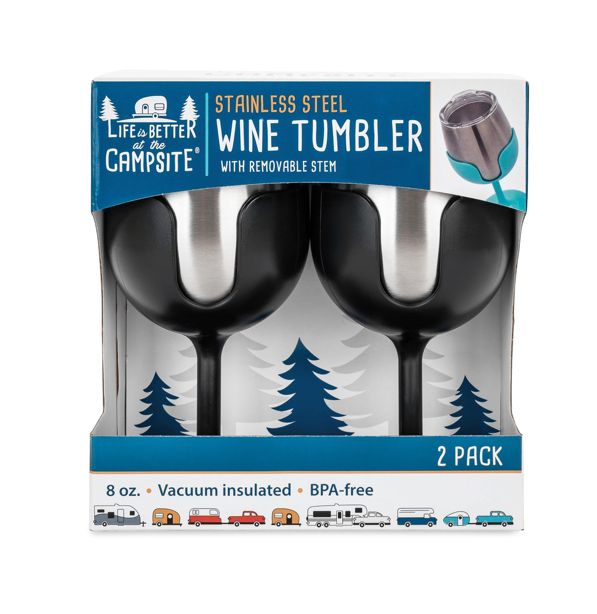 CAMCO 53485 Camco Life is Better at The Campsite Wine Tumbler – Heavy Duty Double Wall Vacuum Insulation – Crafted of 18/8 Stainless Steel – Features Removable Black Stems – 2-Pk, 8-oz/Each (53485)