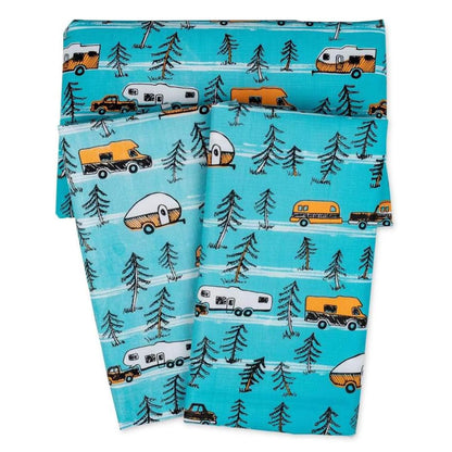 CAMCO 53380 Camco Life is Better at The Campsite Picnic Table Cover with Bench Covers - Provides a Clean Eating Surface for Outdoor Activities - Features an RV and Tree Sketch Design (53380)