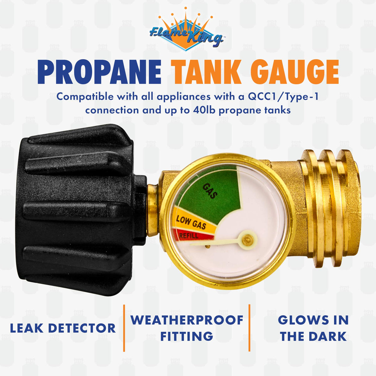 FLAME KING YSN212B Flame King Propane Tank Gauge Level Indicator Leak Detector Gas Pressure Meter Color Coded & Glow in the Dark Universal for Cylinder, BBQ Gas Grill, RV Camper, Heater and More Appliances, Brass