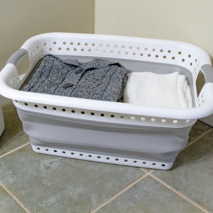 CAMCO 51903 Camco Collapsible Laundry Basket, Large, White/Gray - Pop Open Waterproof Plastic Bin with Handles for Home, Dorm, RV Storage