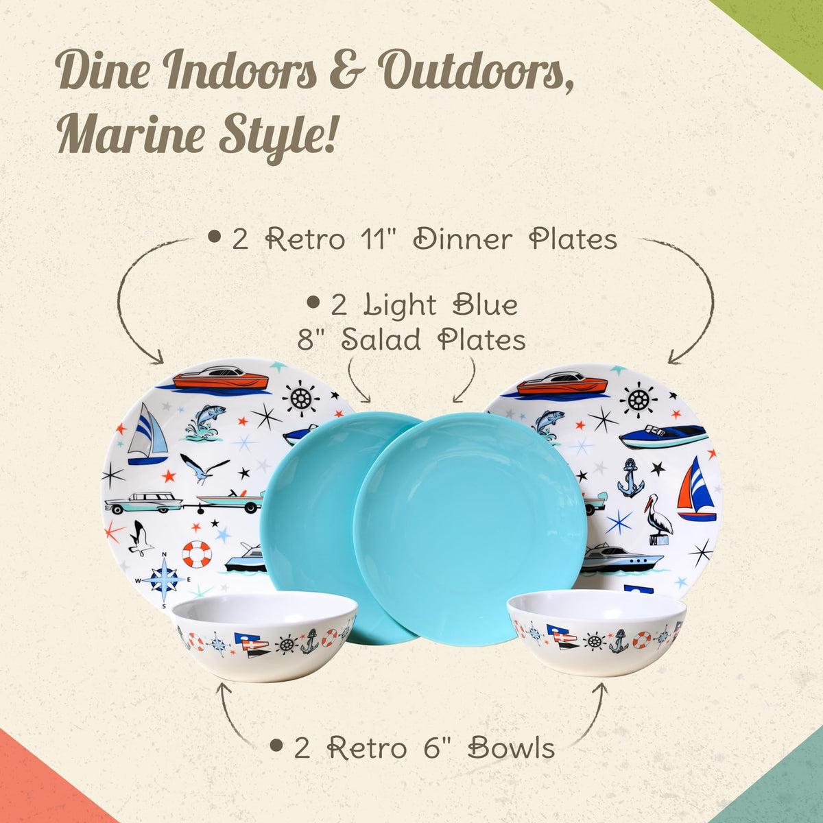 CAMP CASUAL CC-009 Melamine Dinnerware Sets - 6-pc Marine Dish Set - 2 Bowls, 2 Salad & 2 Dinner Melamine Plates for Indoor & Outdoor - BPA Free, Dishwasher Safe, Shatter-Res Dinnerware Set - Camping Dishes, Camp Casual