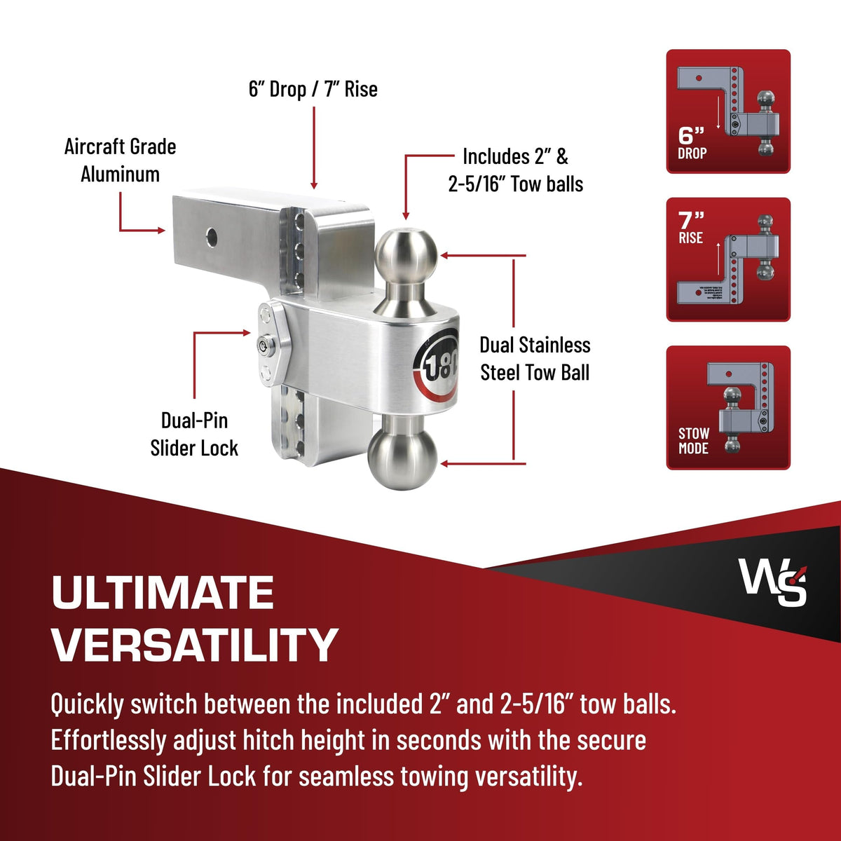 WEIGH SAFE LTB6-3-KA Weigh Safe 180-Degree Trailer Hitch - Adjustable Trailer Hitch for Towing - Compatible with 3" Receivers - 6" Drop, Stainless Steel Tow Balls, 21,000 GTW, 2-Piece Lock Set