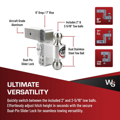 WEIGH SAFE LTB6-3-KA Weigh Safe 180-Degree Trailer Hitch - Adjustable Trailer Hitch for Towing - Compatible with 3" Receivers - 6" Drop, Stainless Steel Tow Balls, 21,000 GTW, 2-Piece Lock Set