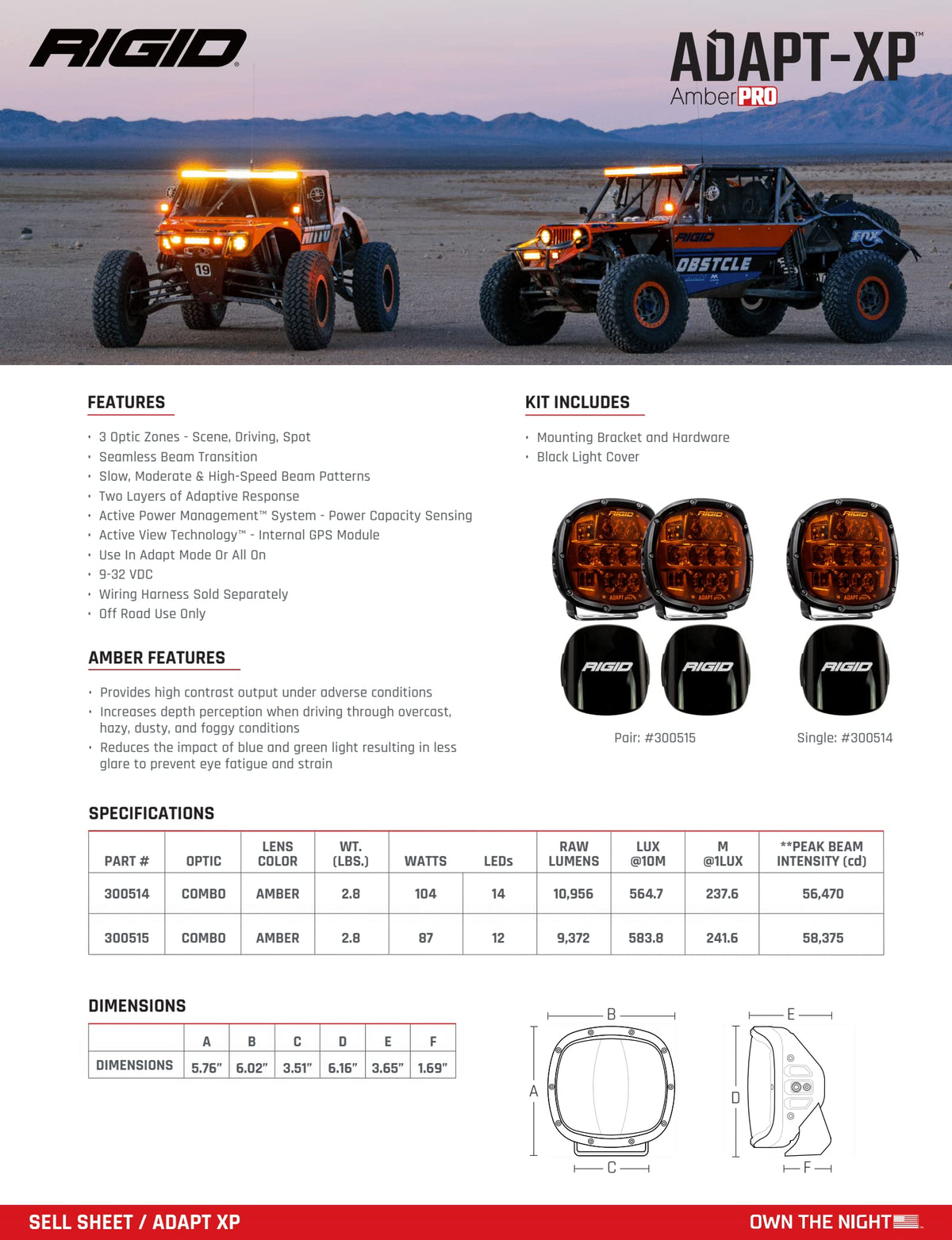 Rigid Industries 300515 RIGID INDUSTRIES Adapt XP Amber PRO Extreme Powersports LED Light Pod with 3 Optic Lighting Zones and GPS Module, Pair
