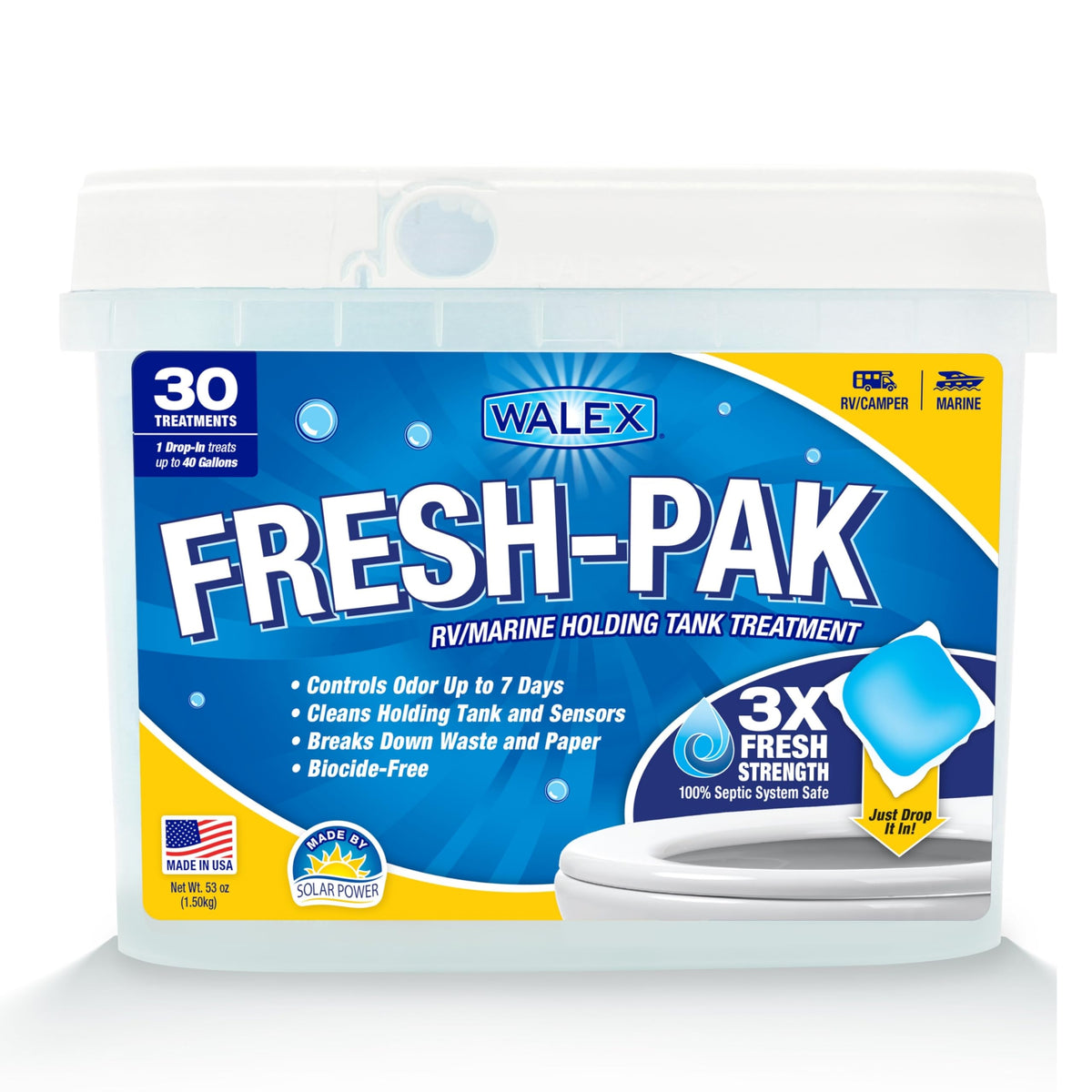 WALEX FRESHPAK30 Walex Fresh-Pak RV/Marine Holding Tank Treatment - Black Water Holding Tank Deodorizer for Rapid Breakdown of Waste & Toilet Paper, Neutralizes Odors, Septic Tank Safe, Fresh Scent (Pack of 30)