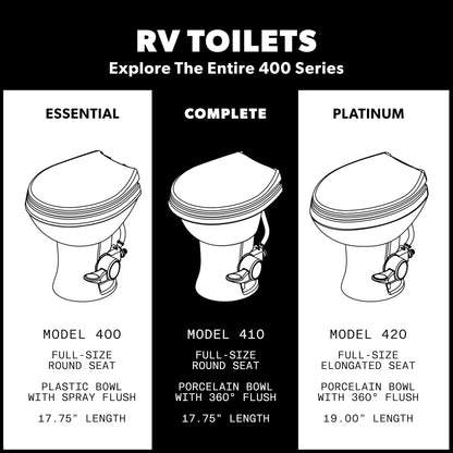 DOMETIC 9610008259 Dometic Model 410 Complete RV Toilet – Round Porcelain Bowl, Universal Fit & 2-Bolt Mount, 18" Chair Height Residential-Style, Gravity Flush Toilet with Soft-Close Seat, White (9610008259)