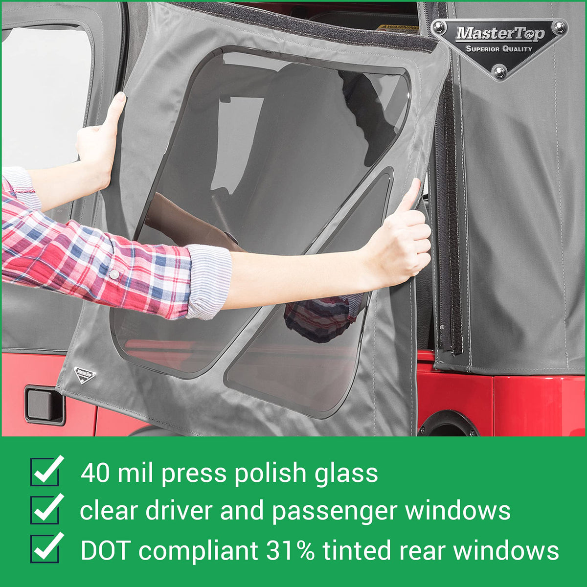 MASTERTOP 15111235 MasterTop Replacement Soft Top Fabric - Fits Jeep Wrangler TJ 1997-2006 - Jeep TJ Soft Top with Removeable Side Quarter & Rear Windows - (Black Diamond, With Upper Door Skins)