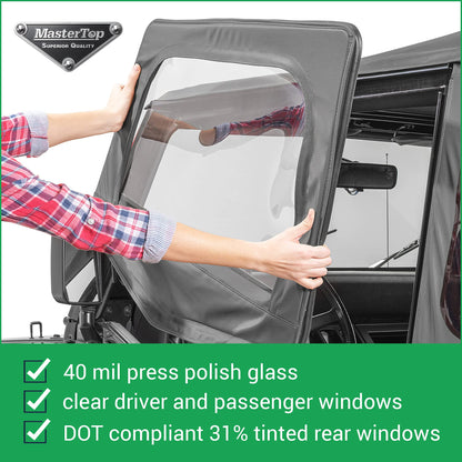 MASTERTOP 15111135 MasterTop Replacement Soft Top in Black Diamond Sail Cloth Fabric – Fits 1988-1995 Jeep YJ Wranglers – Tinted Replaceable Windows – Requires Original Factory Bow System for Install – 15111135
