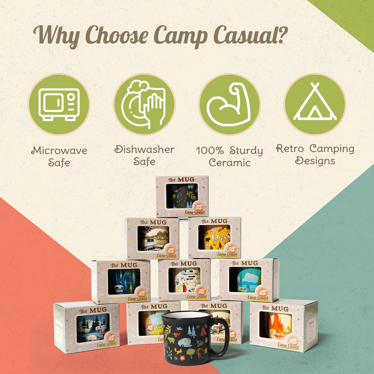 CAMP CASUAL CC-004B Ceramic Coffee Mug - 15 oz Retro Inspired Camping Mug - for Hot & Cold Drinks - Works as a Tea, Soup, & Coffee Mug - Stylish, Versatile, & Microwaveable Camping Coffee Mugs by Camp Casual
