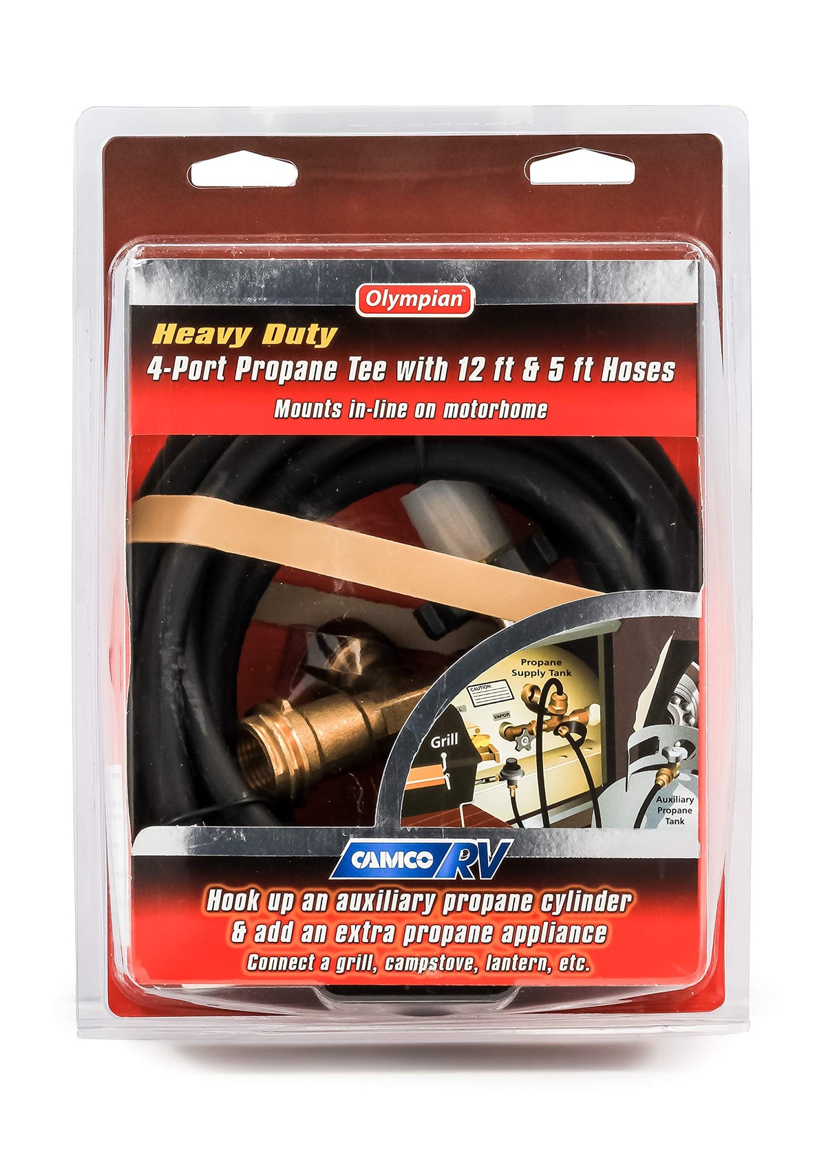CAMCO 59123 Camco Propane Brass 4 Port Tee- Comes with 5ft and 12ft Hoses, Allows for Connection Between Auxiliary Propane Cylinder and Propane Appliances (59123), Black