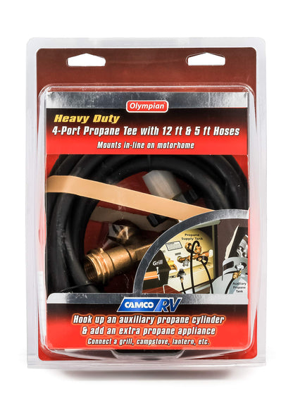 CAMCO 59123 Camco Propane Brass 4 Port Tee- Comes with 5ft and 12ft Hoses, Allows for Connection Between Auxiliary Propane Cylinder and Propane Appliances (59123), Black