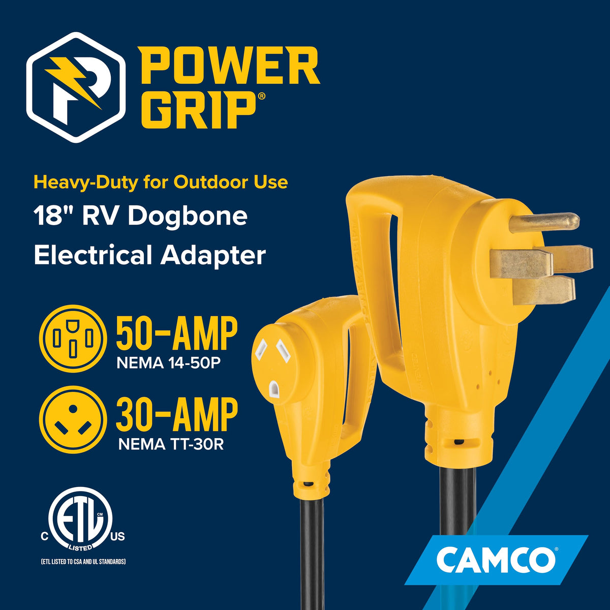 CAMCO 55175 Camco PowerGrip Dogbone RV Electrical Adapter - Features Heavy-Duty 50-Amp Male and 30-Amp Female Connections - Crafted of 100% Copper 10/3-Gauge Wires & Rated for 125V/3750W (55175)