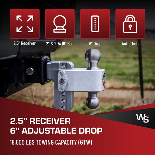 WEIGH SAFE LTB6-2.5-KA Weigh Safe Adjustable Trailer Hitch Ball Mount, 6" Adjustable Drop Hitch for 2.5" Receiver w/ 2 pc Keyed Alike Lock Set, Heavy Duty Aluminum Trailer Tow Hitch w/ Stainless Steel Tow Balls, 18,500 GTW