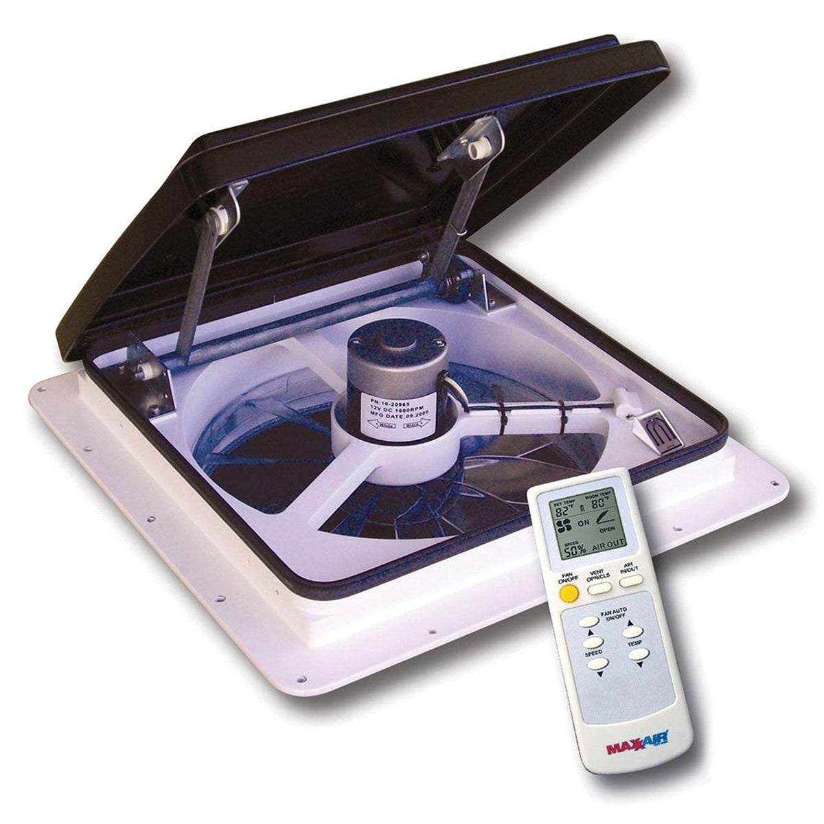 MAXXAIR VENT 00-04500K MAXXAIR Maxxfan Plus High Powered 10-Speed RV Intake and Exhaust Fan - Manual or Remote Control Electric Opening, Easy Ceiling Controls, Rain Sensor with Automatic Lid Closure, Smoke (00-04500K)