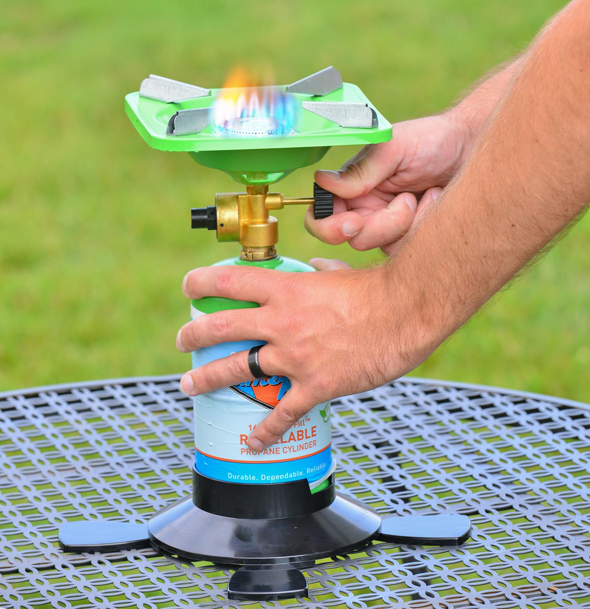 FLAME KING YSNVT-508 Flame King YSNVT-508 Portable BottleTop Camping Stove with Stable Lightweight Base Stand, Great for Outdoor Cooking, Backpacking, Compatible with 1LB Propane Gas Bottle