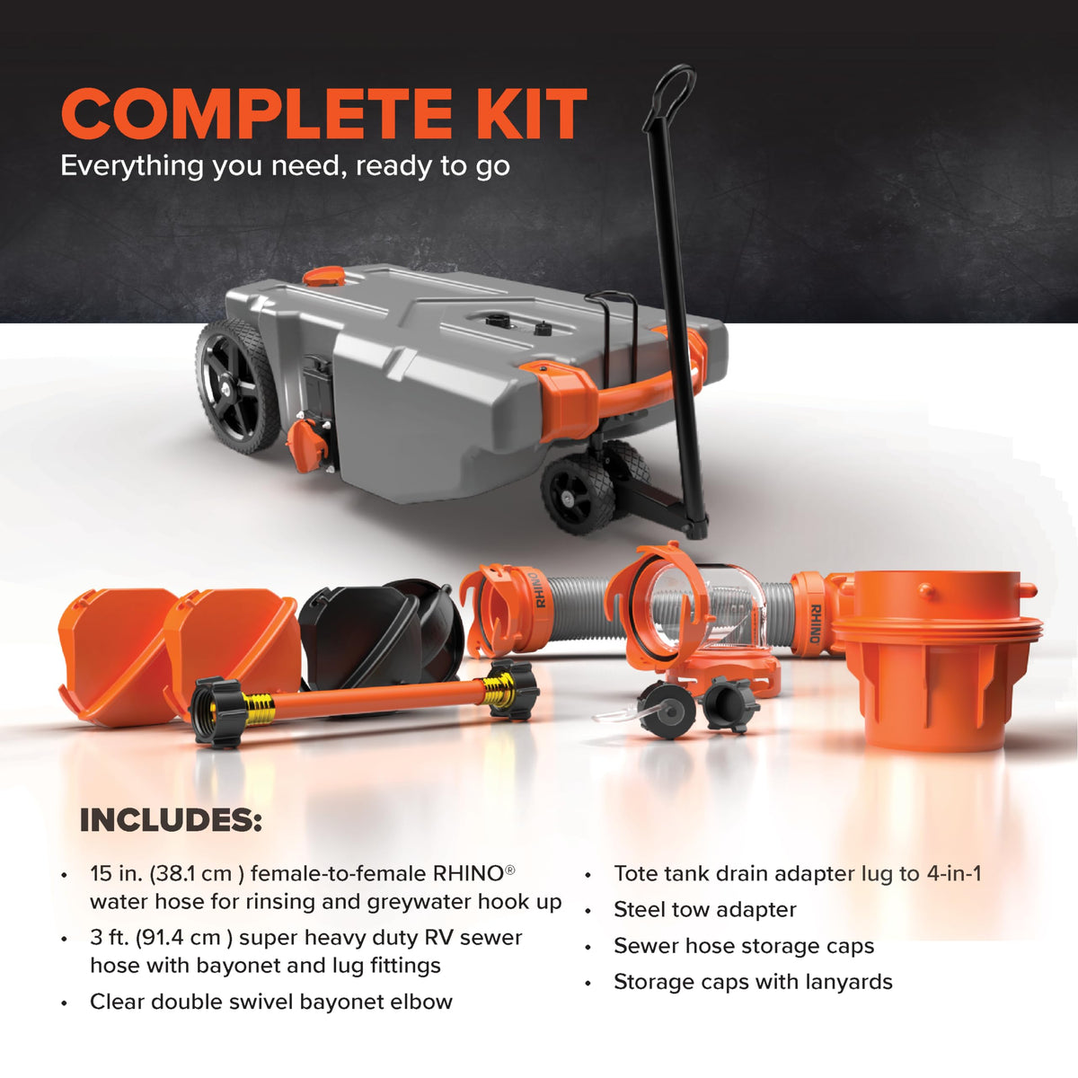 CAMCO 39007 Camco Rhino 36-Gallon Portable Camper/RV Tote Tank - Features 2 Steerable No-Flat Front Wheels & Built-in Gate Valve - Includes Removable 24" Tow Bar, 3’ Sewer Hose & More RV Accessories (39007)