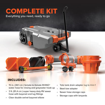 CAMCO 39007 Camco Rhino 36-Gallon Portable Camper/RV Tote Tank - Features 2 Steerable No-Flat Front Wheels & Built-in Gate Valve - Includes Removable 24" Tow Bar, 3’ Sewer Hose & More RV Accessories (39007)