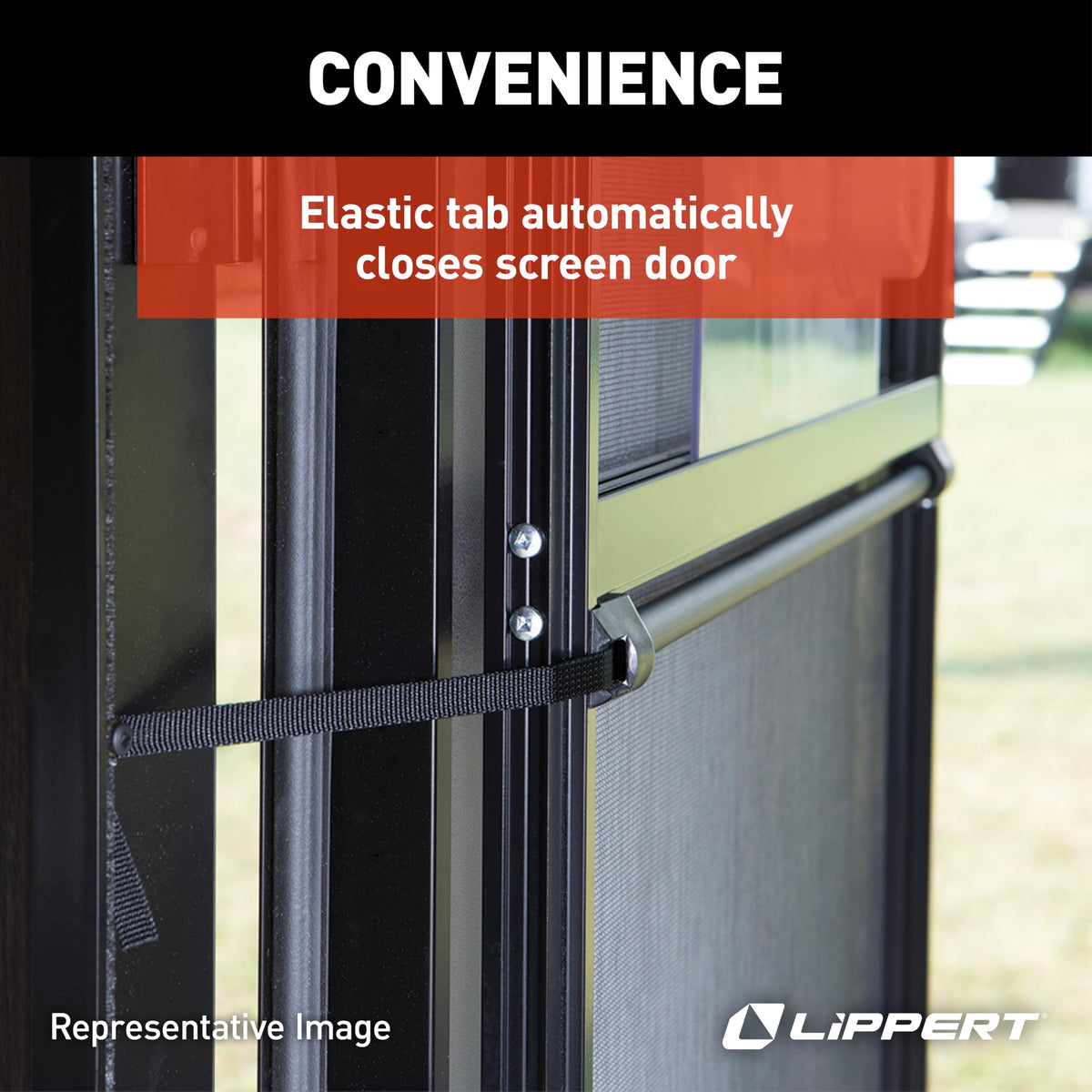 Lippert Components 730812 Lippert Screen Shot Automatic RV Screen Door Closer, 24" Length with Elastic Tab, Add-on Accessory Fits Lippert Entry Doors on 5th Wheel RVs and Travel Trailers - 730812