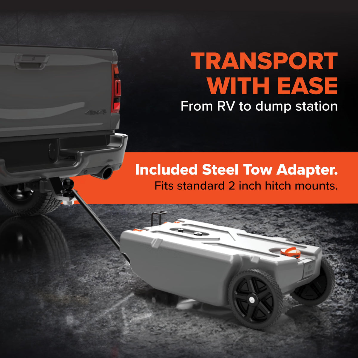 CAMCO 39007 Camco Rhino 36-Gallon Portable Camper/RV Tote Tank - Features 2 Steerable No-Flat Front Wheels & Built-in Gate Valve - Includes Removable 24" Tow Bar, 3’ Sewer Hose & More RV Accessories (39007)