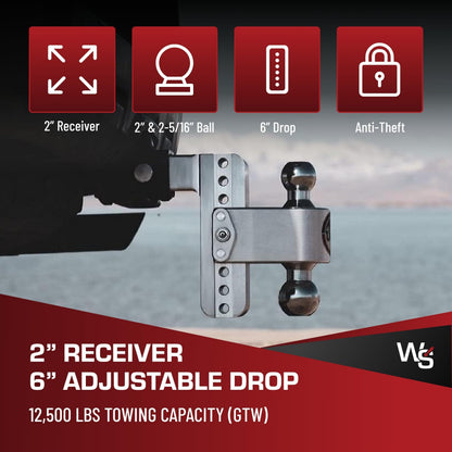 WEIGH SAFE CTB6-2-KA Weigh Safe Adjustable Trailer Hitch Ball Mount, 6" Adjustable Drop Hitch for 2" Receiver w/ 2 pc Keyed Alike Lock Set, Heavy Duty Aluminum Trailer Tow Hitch w/ Chrome Plated Tow Balls, 12,500 lbs GTW