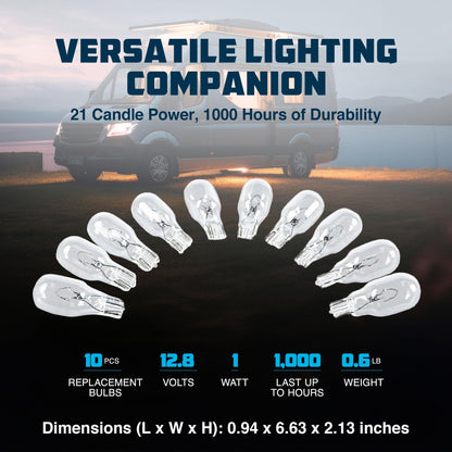 CAMCO 54766 Camco 54766 Replacement 912 Interior Light Bulbs for Auto, RV, Marine, 12.8 Volts and Produce 1 Watt, Built To Last 1000 Hours, (10 Pack)