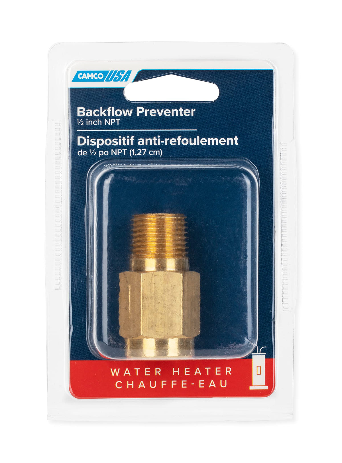 CAMCO 23303 Camco RV Water Heater Backflow Preventer - Features a Heavy-Duty Brass with a Stainless Spring Construction and a 1/2"-14 NPT Male x 1/2"-14 NPT Female (23303)