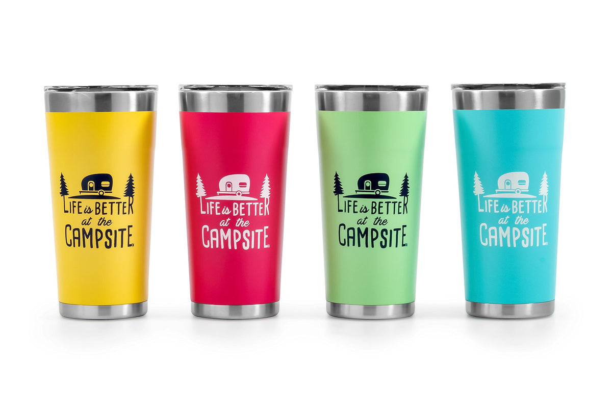 CAMCO 53057 Camco Life is Better at The Campsite Tumbler | Heavy Duty Double Wall Vacuum Insulation | Crafted of 18/8 Stainless Steel | Unique “Life is Better at The Campsite” Design on Cool Blue | 20-oz (53057)