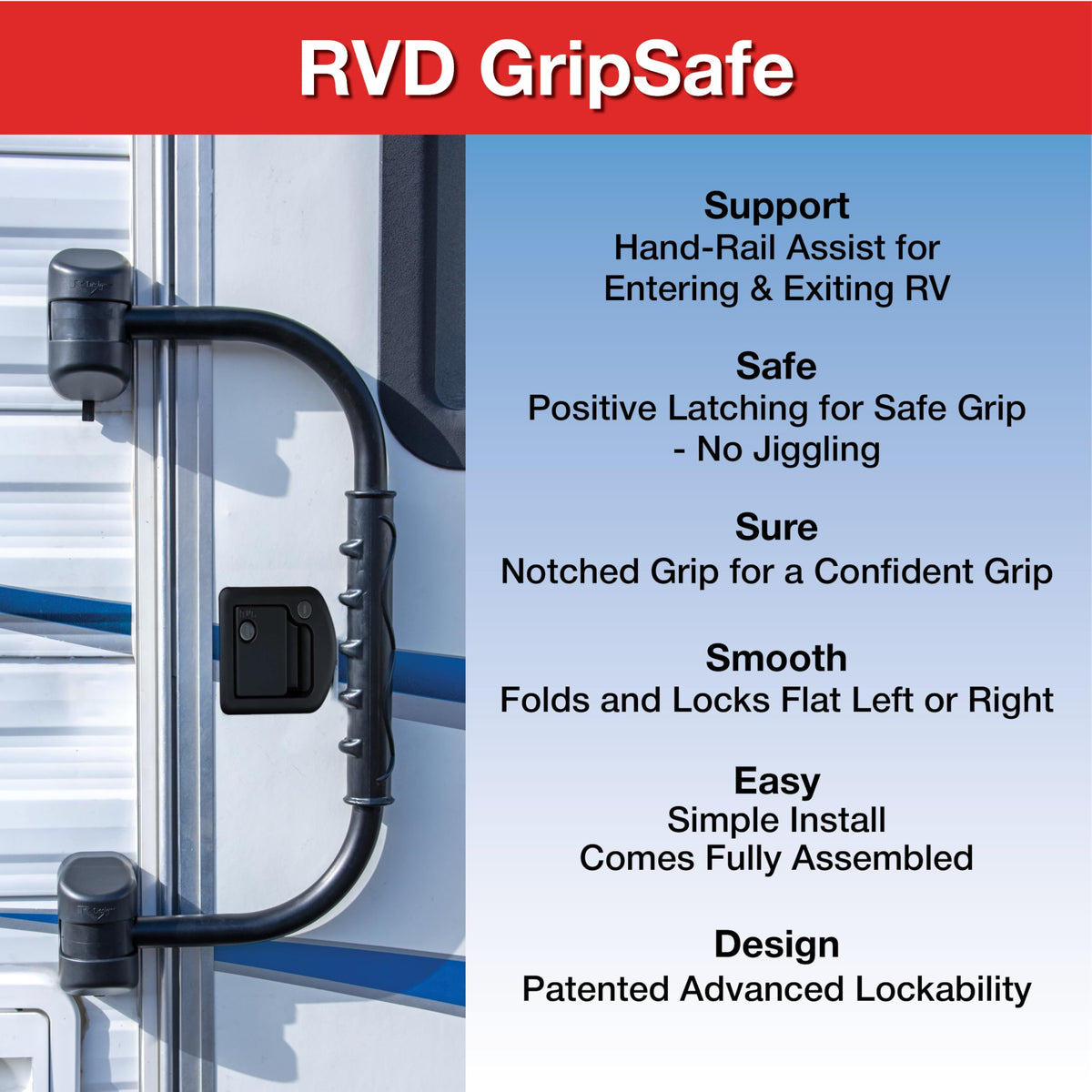 RV DESIGNER R222 RV Designer R222 GripSafe Handrail Assist - Locking Folding Aluminum Grab Handle with Notched Grip - Safe Entry Assist for RV Door - Easy Installation, 22 Inch, Black