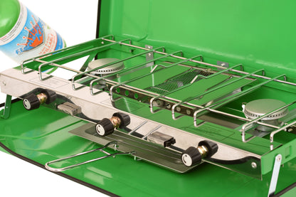 FLAME KING YSNBBQ-136M Flame King YSNBBQ-136M 3-Burner Portable Camping Stove Grill w/Toast Tray, Great for Outdoor Cooking, Backpacking, Hiking, & Emergency, Compatible with 1LB Propane Gas Bottle