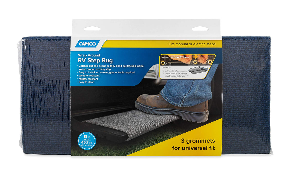 CAMCO 42924 Camco Wrap Around Step Rug | Protects Your RV from Unwanted Tracked in Dirt | Works on Electrical and Manual RV Steps | Blue (42924)