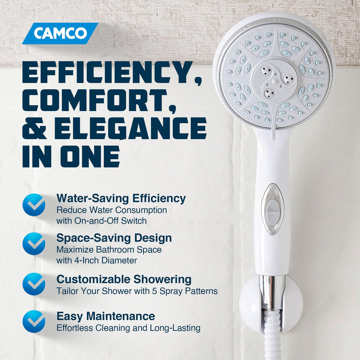 CAMCO 43711 Camco RV Shower Head - Features Convenient On/Off Switch & 5 Different Spray Patterns - Designed to Conserve Potable Water - Simple to Clean w/Rubber Spray Tips - White (43711)