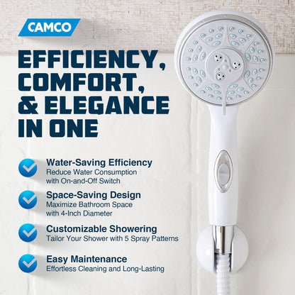 CAMCO 43711 Camco RV Shower Head - Features Convenient On/Off Switch & 5 Different Spray Patterns - Designed to Conserve Potable Water - Simple to Clean w/Rubber Spray Tips - White (43711)