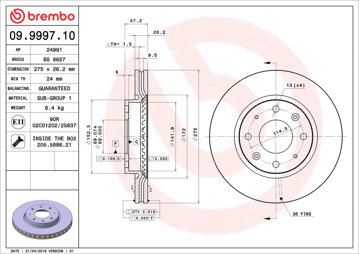 BREMBO 09999710C02 Brembo 09.9997.10 Standard vented Front Brake Rotor HORKI (DYK)/KIA/KIA (DYK) OE# 517122F100
